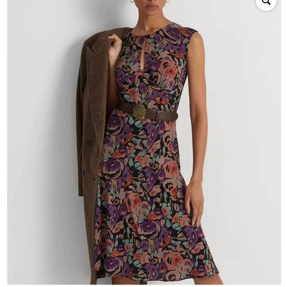 Lauren by Ralph Lauren Belted Crepe Floral Pattern Midi Dress Black Combo NWT 16 - Picture 8 of 14